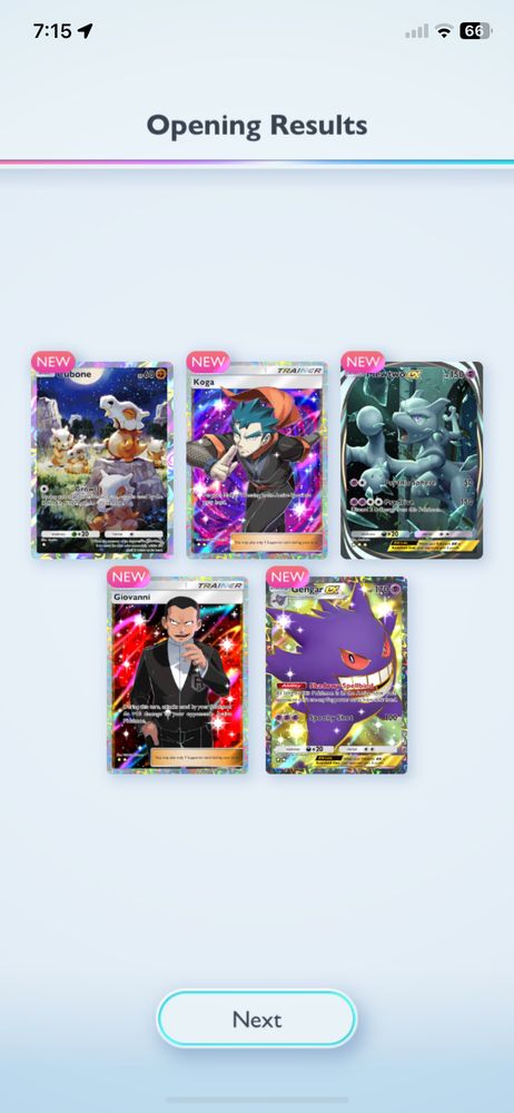 Screenshot of Pokémon TGC Pocket booster pack that contained only full-art cards including Cubone, Koga, Mewtwo EX, Giovanni, and Gengar EX