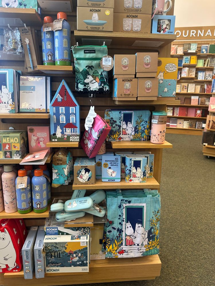 Rack of Moomin merch in a US Barnes and Noble store.