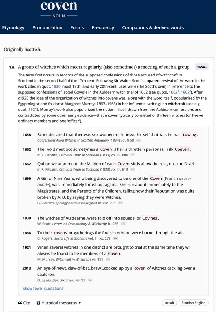 A screenshot of the Oxford English Dictionary entry for COVEN n., showing the sense ‘a group of witches that meets regularly’ with a historical note on the development of the term and a first quotation of 1658.