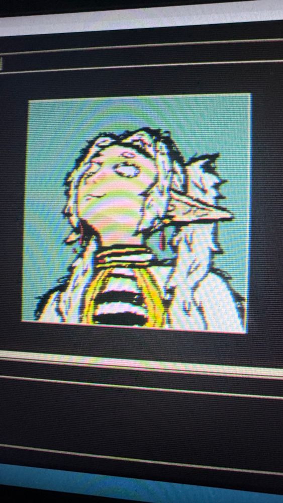 Frieren looking up pixel art on a crt filter, on aseprite