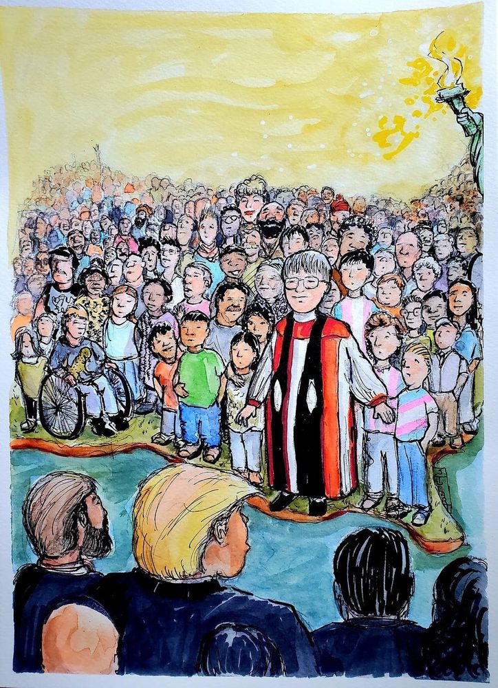 Uncredited drawing of Bishop Mariann Edgar Budde protecting a diverse USA from MAGA. 
