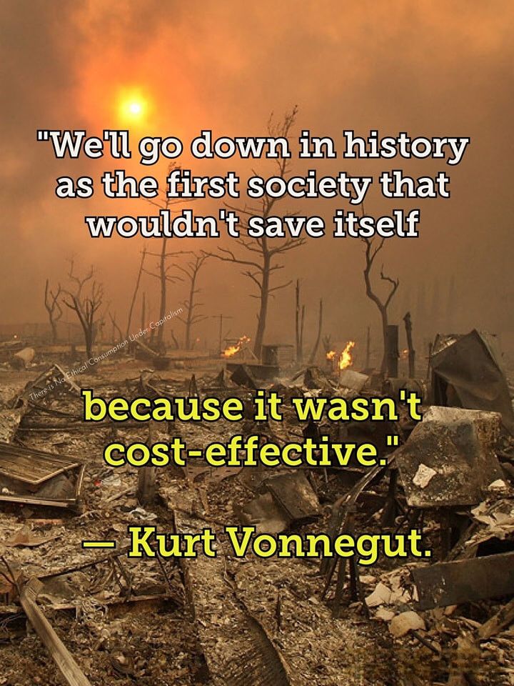 Kurt Vonnegut quote, "We'll go down in history as the first society that wouldn't save itself because it wasn't cost-effective."