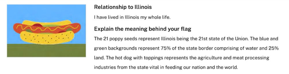 a flag that’s a cartoon Chicago style hot dog with a bun with 21 poppyseeds sitting on a field vert and an upper field azure