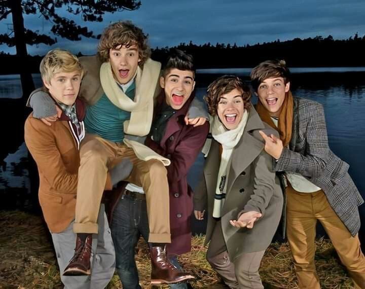 One Direction when they were young posing for a picture. Niall and Zayn holding Liam in the air who is sitting on their arms. What a fitting picture. Harry leans on to Zayn and Louis leans on Harry. All have autumn specific clothing on