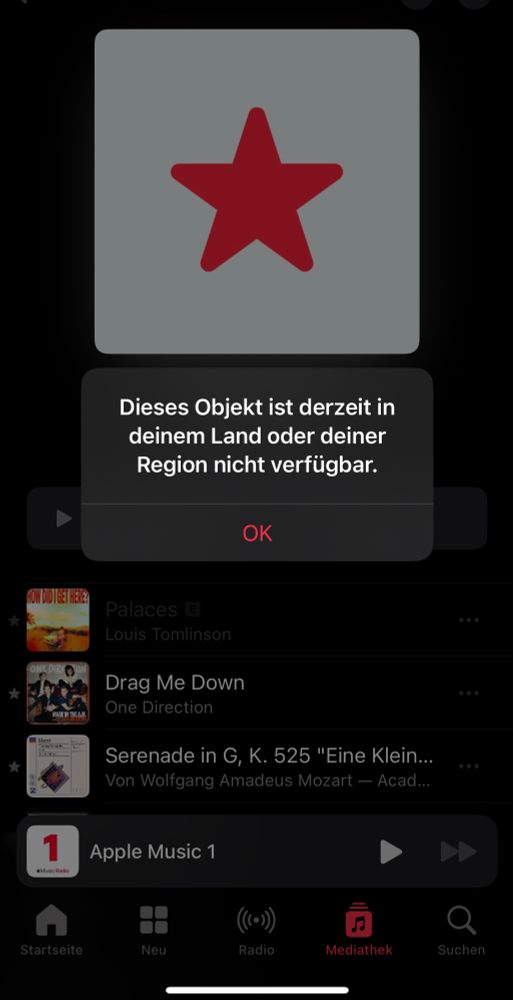 A notification on Apple Music that says that this song palaces from Louis Tomlinson is not available in my region at the moment