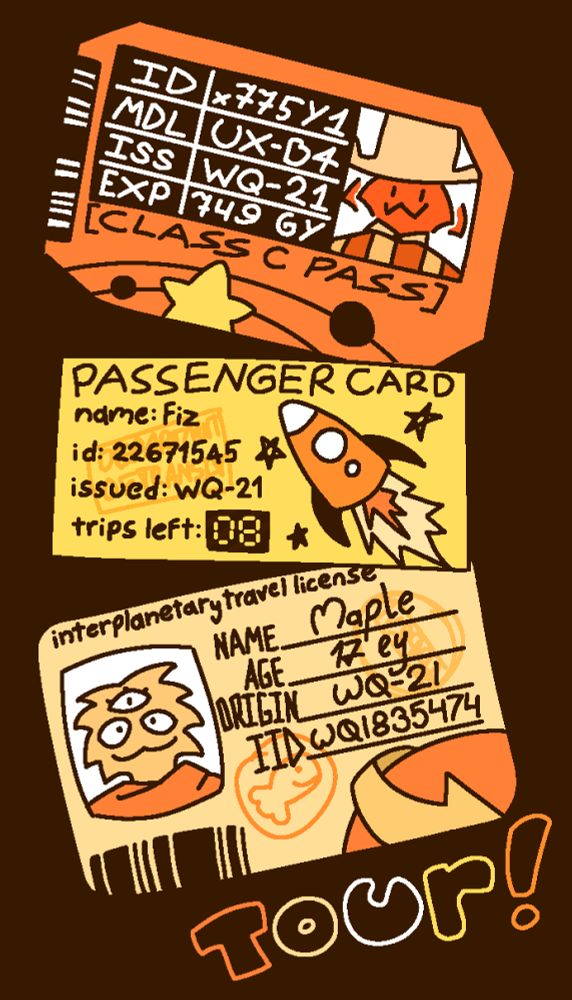 3 space travel cards for 3 of my OC's with different styles kiw - sharp and industrial, fiz - basic and simple, maple - detailed and formal. one depicts a star system, other a rocket and the last one an arrow orbiting a planet. 