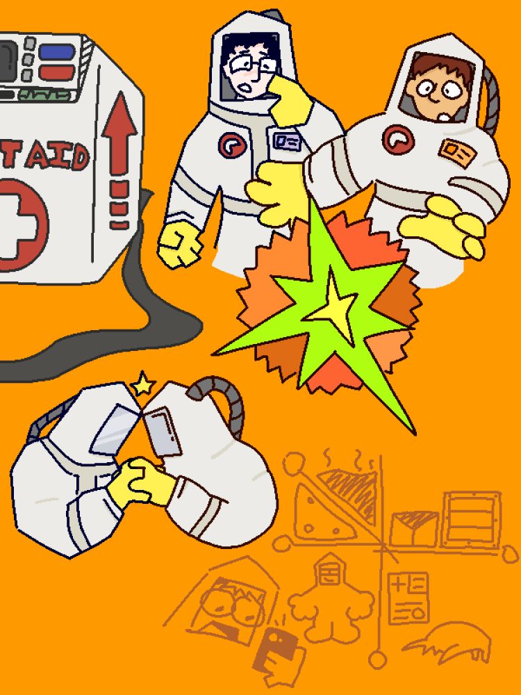 a drawing of a healthpack and a couple of interns examining an alien portal, holding hands and one of them trying to save another from a mobile game puzzle!