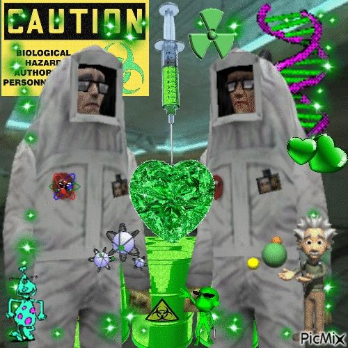 2 hazmat suit scientists surrounded by blinking and sparkling gifs of radiation warnings, aliens, particles and hearts