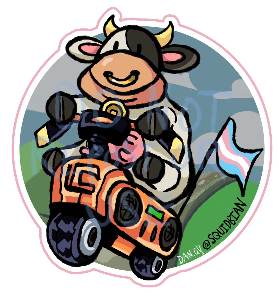 Sticker design of the moo moo cow from mario kart world doing a wheelie. it has a trans pride flag attached to it's bike.
