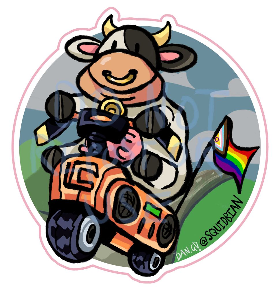 Sticker design of the moo moo cow from mario kart world doing a wheelie. it has a progress pride flag attached to it's bike.
