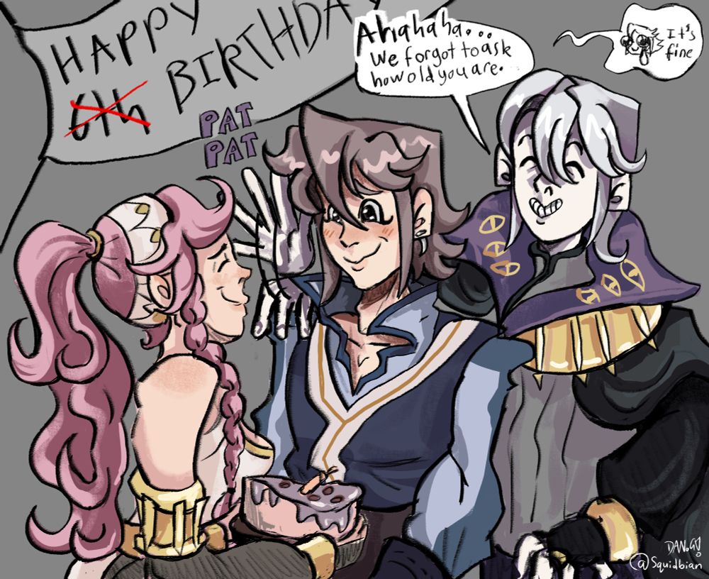 coloured digital sketch depicting Olivia, Inigo and Henry from Fire Emblem Awakening. It's Inigo's birthday (as of posting this!) and there's a banner in the bg that says 'happy 6th birthday' with the 6 crossed out in red. Olivia is sheepishly presenting a teary-eyed and blushing Inigo with a shitty looking cake that has only one drooping candle. Henry pats Inigo on the back and says "Ahahaha... We forgot to ask how old you are." and Inigo responds "(crying eyes emoji) it's fine"