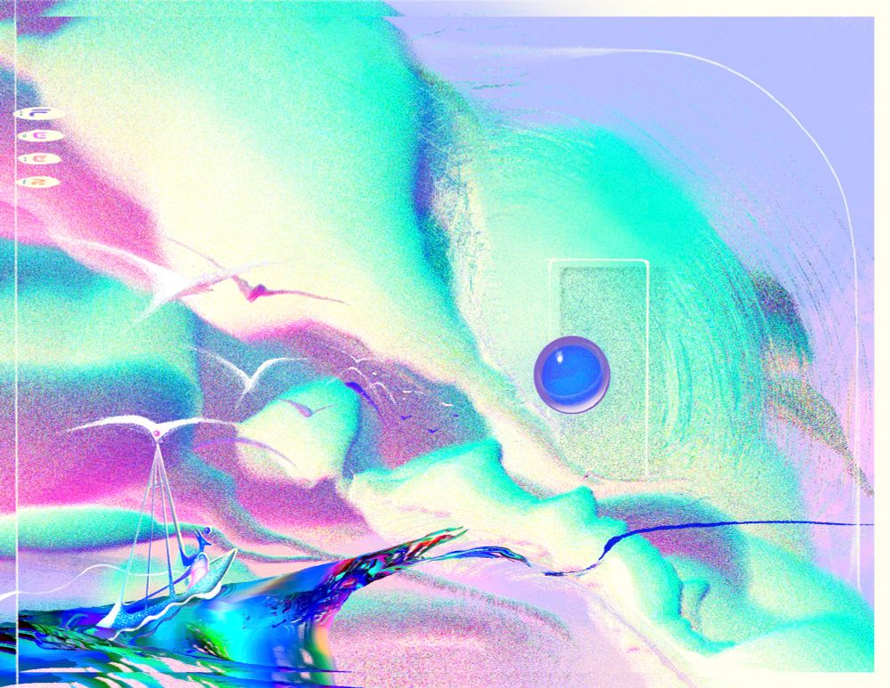 Surreal river, abstract figure of a person melded with a sailboat being carried by a bird are sailing forward towards bright teal and pink clouds, bird silhouettes flying above, a blue orb and mirage of a door in the clouds is in the distance