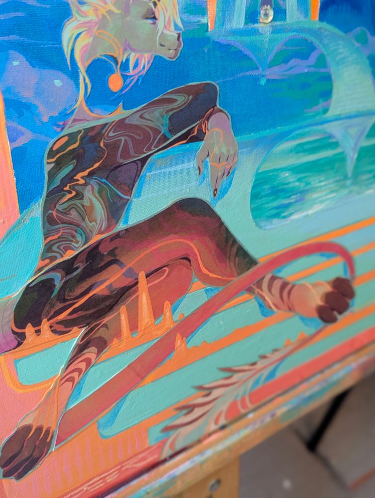 Closeup of mixed media acrylic painting of anthro donkey dinosaur hybrid lounging while looking out at a surreal staircase leading to a doorway in front of a cloudy night sky above an ocean