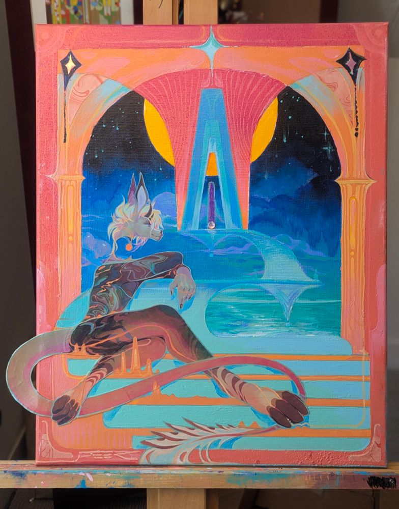 Mixed media acrylic painting of anthro donkey dinosaur hybrid lounging while looking out at a surreal staircase leading to a doorway in front of a cloudy night sky above an ocean