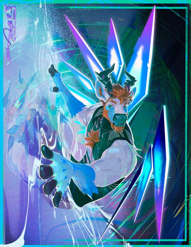 Blue anthro deer emerging from a crystal-like wall with cyber crystal wings