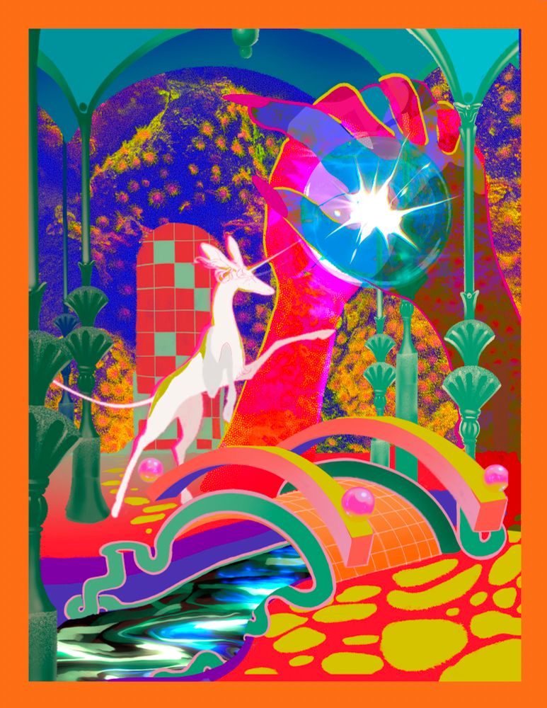 Bright colorful bridge with a unicorn rearing before it. Transluscent hands are holding in the background, creating a orb of energy