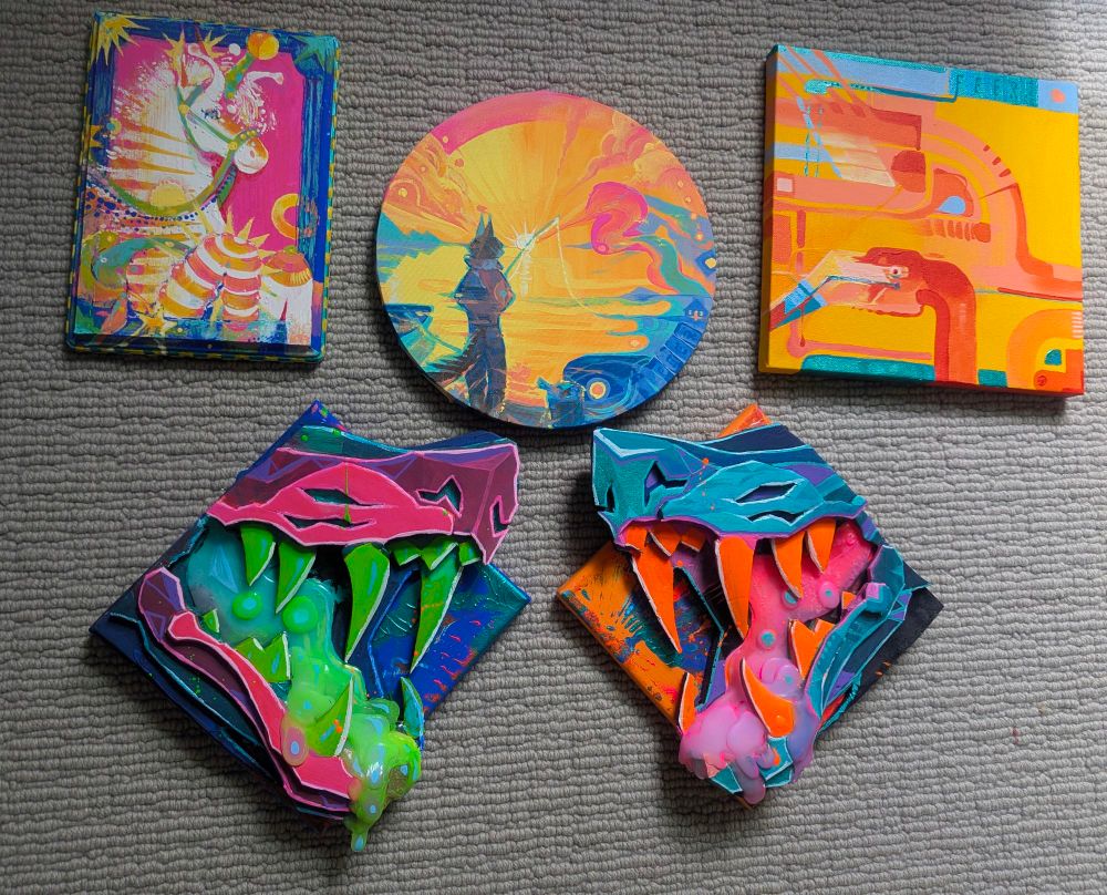 Zebra alien painting, Wolf fishing painting, flamingo painting, and two glow in dark 3D maw paintings