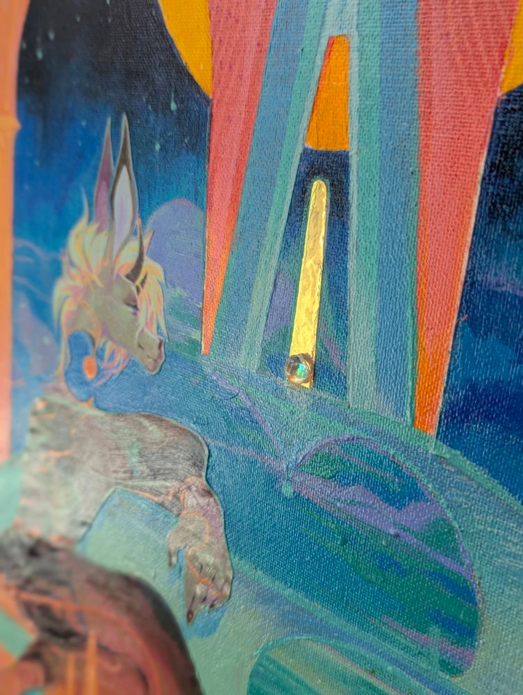 Closeup of mixed media acrylic painting of anthro donkey dinosaur hybrid lounging while looking out at a surreal staircase leading to a doorway in front of a cloudy night sky above an ocean