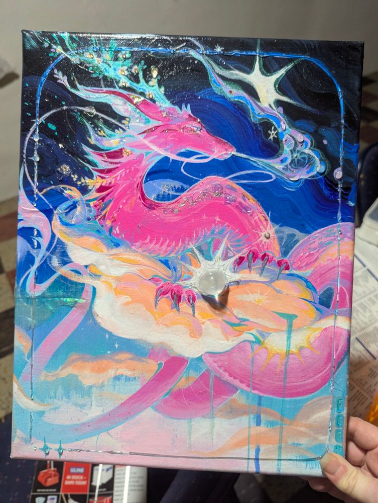 Pink dragon perching on clouds, blowing smoke and stars