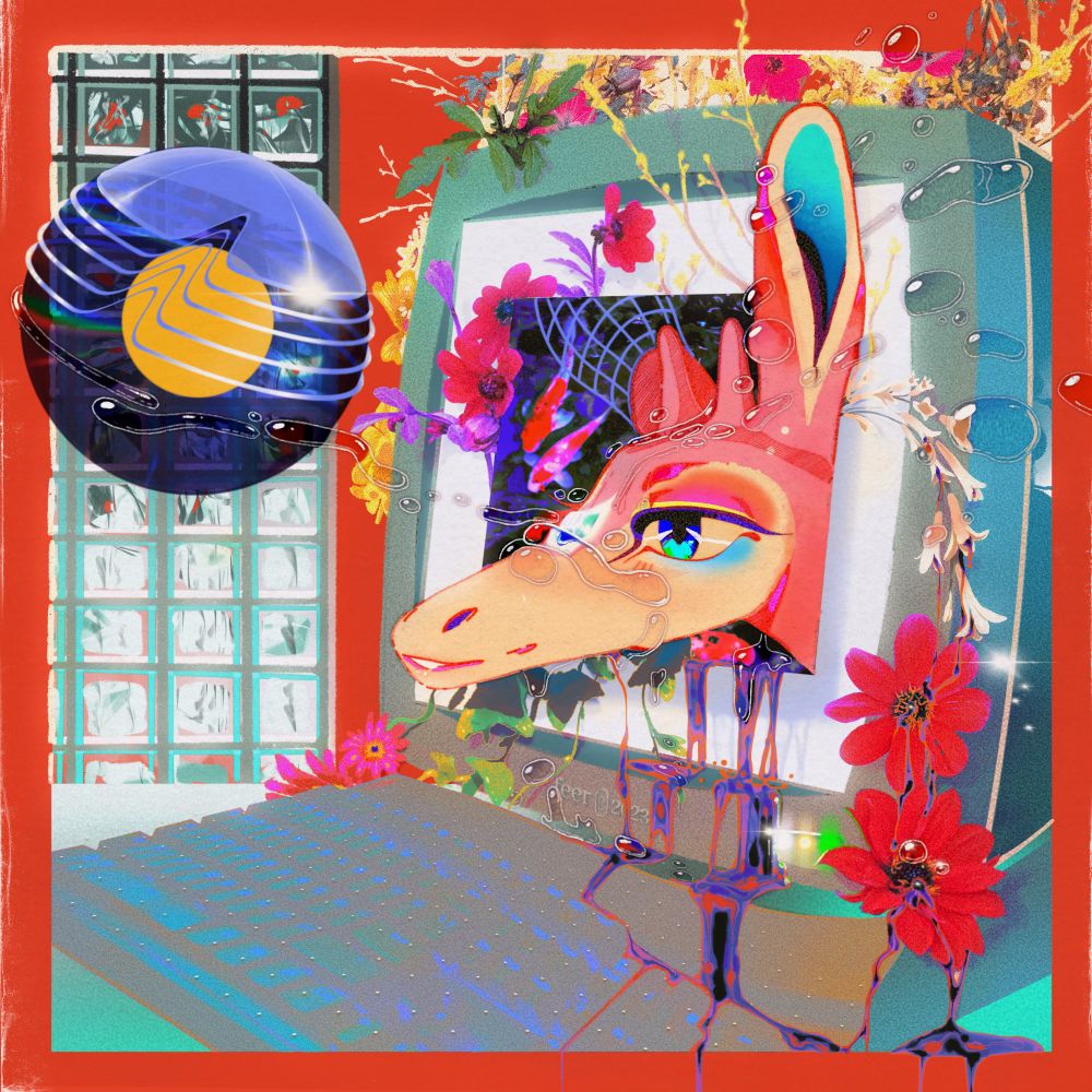 Anime frutiger aero inspired painting of Feer peeking out of an old computer, half colored, half wireframe. There is iridescent digital liquid pouring out of the screen onto the keyboard, flowers are growing out of the sides, there is a orb floating nearby 