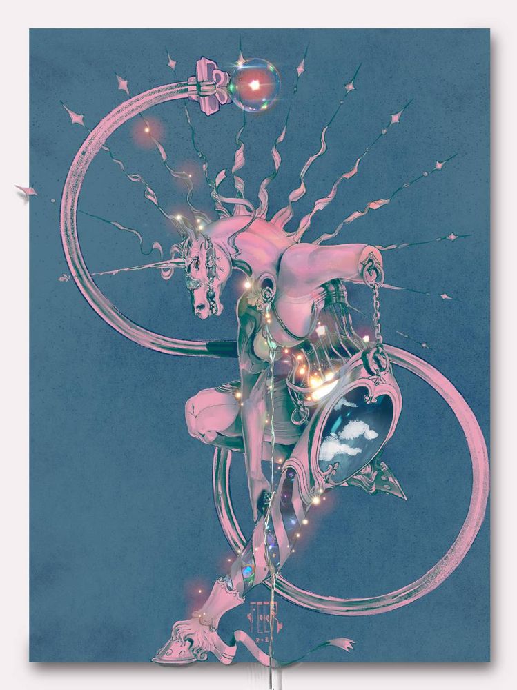 Unicorn statue with a cage for a torso. Clouds are trapped in the thigh and sparks of energy are floating around and in the bubble at the end of its tail. This one is titled “Empress”