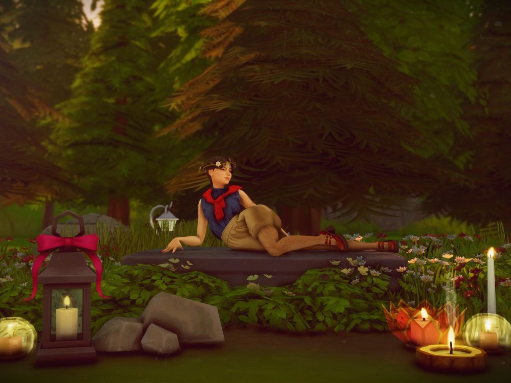 sim snow white laying in candlelit wood scenery 