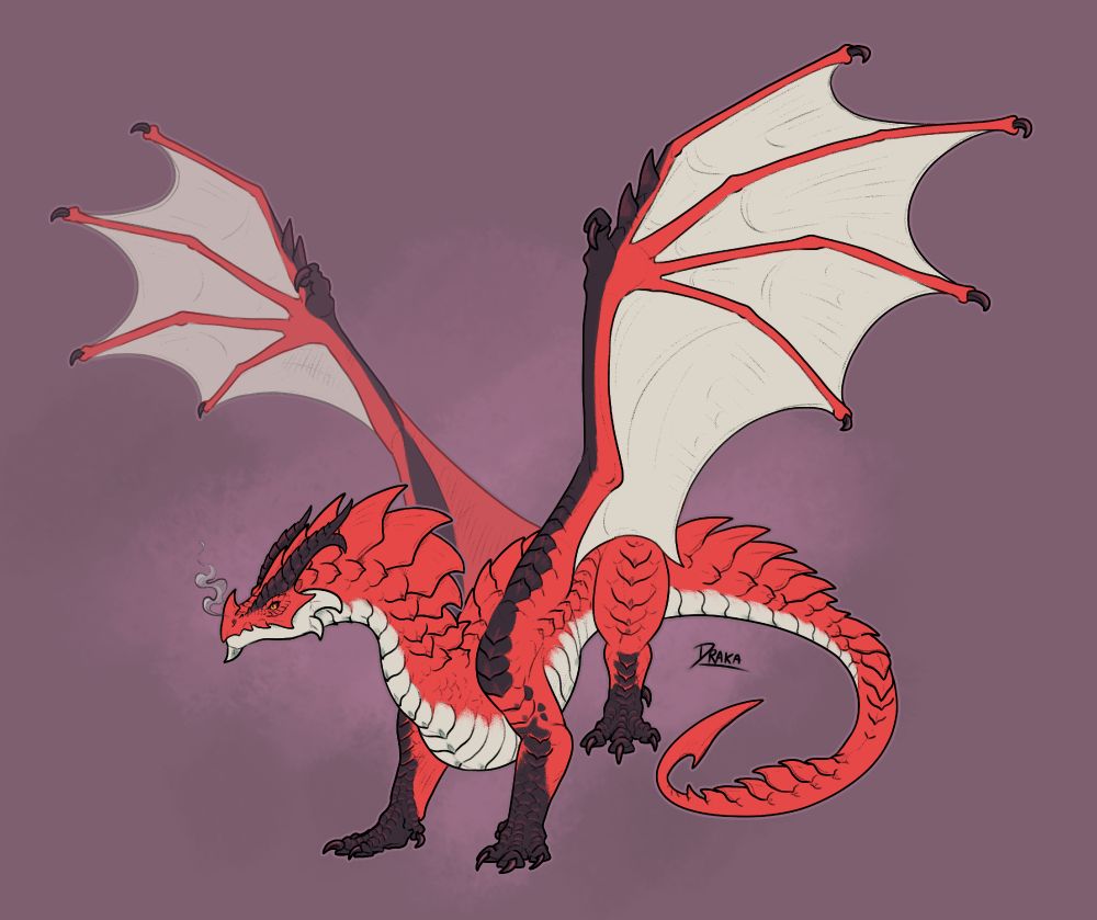 A red dragon with wings both spread in a rather intimidating pose, the limbs of the dragon are covered in darker scales and smoke is coming out of the dragon's nostrils