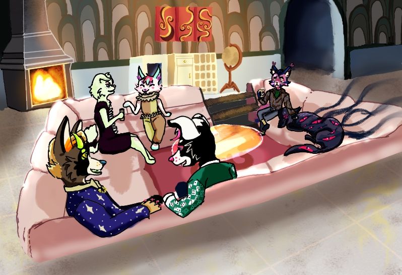 Evening cocktail party with 6 characters, all sitting in a conversation pit