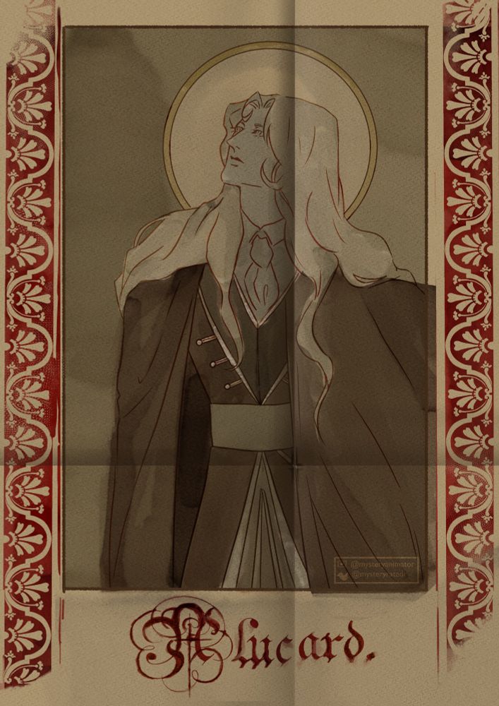 Depiction of a drawing of Alucard, in which the paper folds around where his sword sheath is. On the side is two “stamps” of inky red showcasing swirly designs

The bottom showcases his name Alucard, with the name smudged, and the A all swirly

All done in CSP