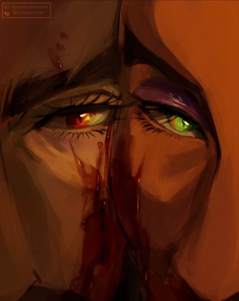 close up of Mizrak and Olrox's eye as their cheeks are covered in blood and their eye colours reflect onto each other