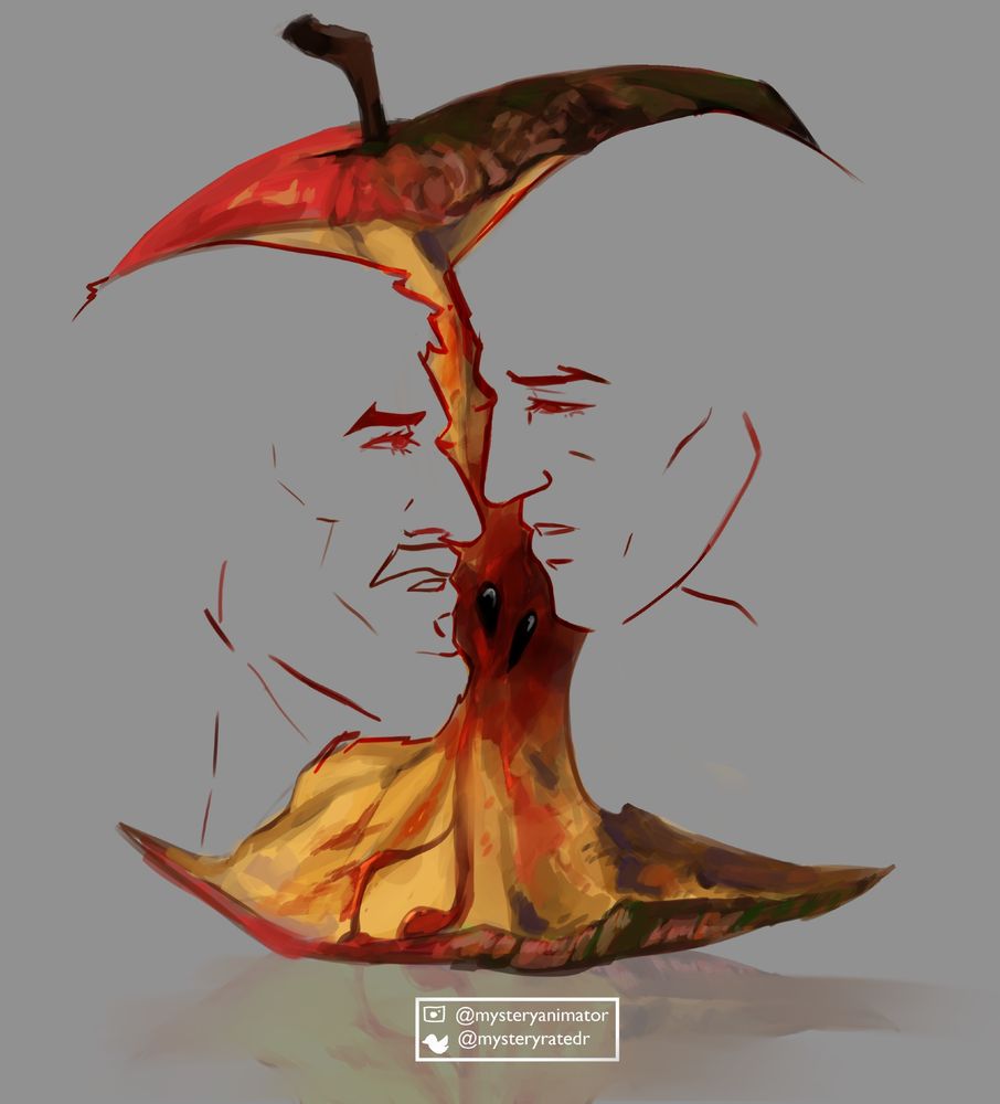A sketch of a half rotten bitten apple. One side is ripe while the other is rotting away. Both implying it's either going to consume the whole apple or do the entire opposite and disappear.

The apple seeds are present as it is stained red in the middle as it drips down to mimic the effect of a vampire bite. On either side of the bitten apple is mizrak and olrox, both their mouths slightly open near the apple seeds. 