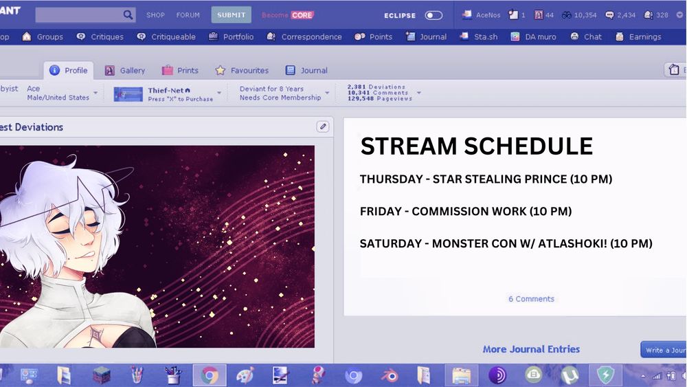 A stream schedule indicating streams on Thursday Friday and Saturday all at 10 PM EST