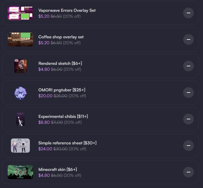 A vgen pricelist showing that all shop items and commission services are 20% off