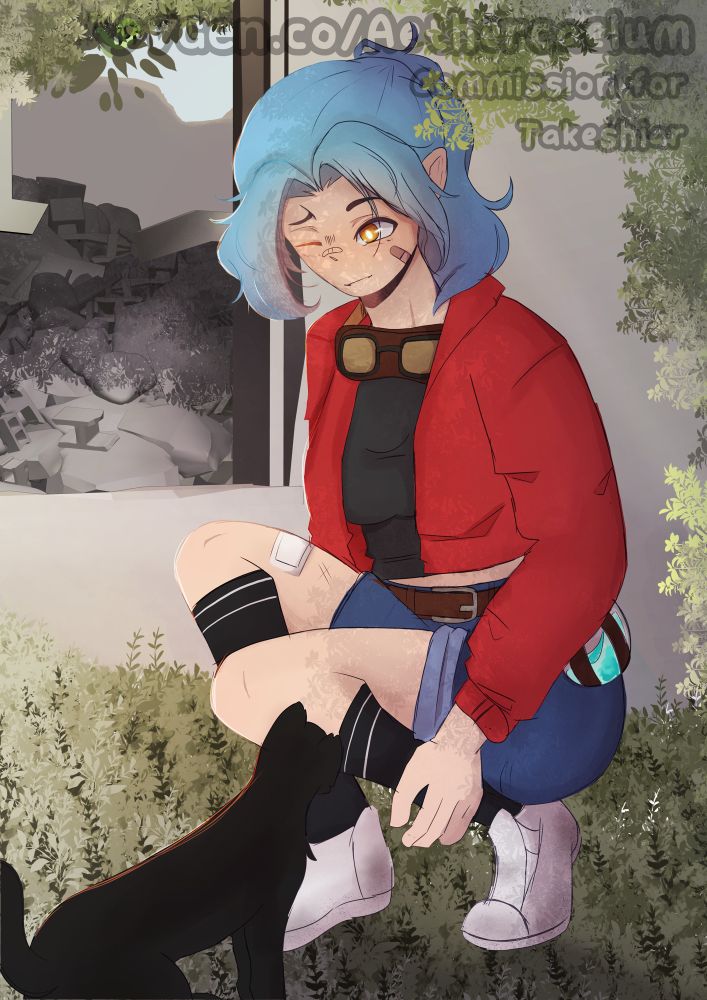 An illustration of a girl with blue hair and gold colored eyes knelt in front of an abandoned building, scraped and covered in bandaids but smiling and petting a cat in the sunshine