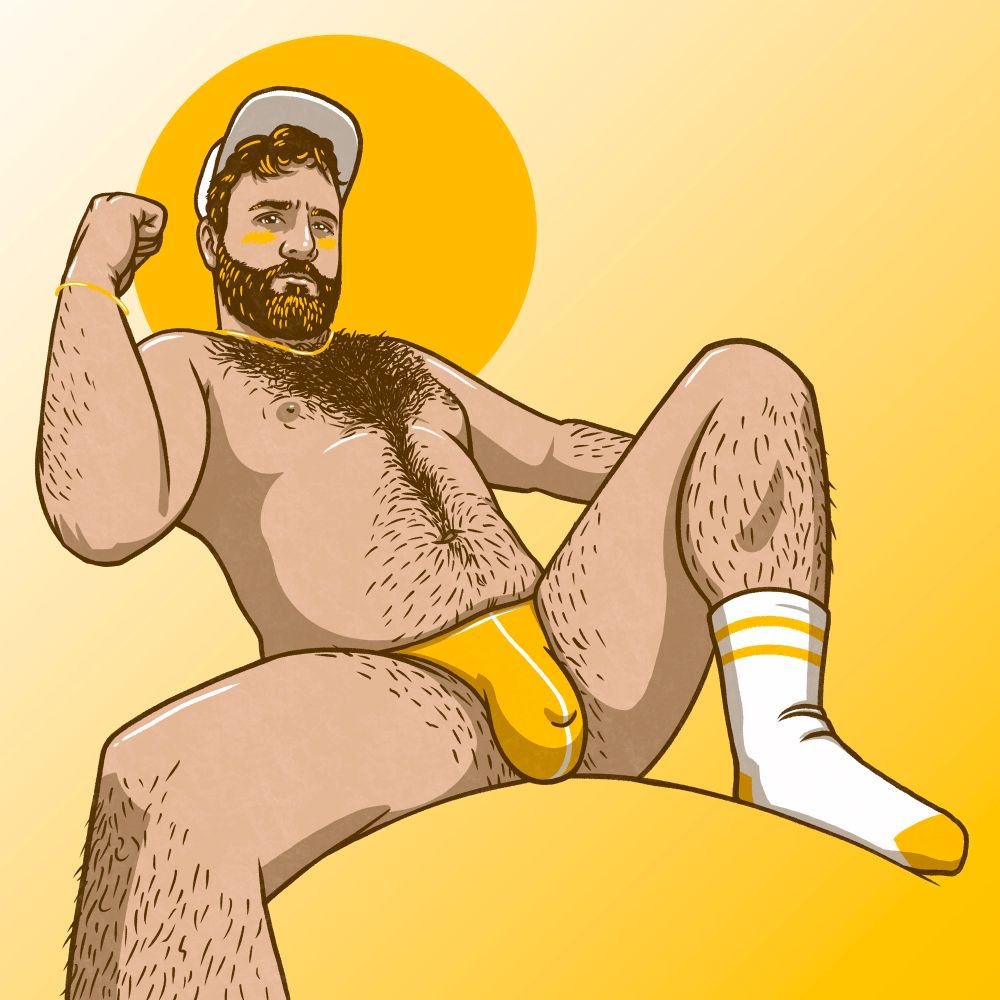 A beefy bear in a hat, thong and socks looks off screen. The gold of the chain around his neck glints through the forest of fur on his chest. 