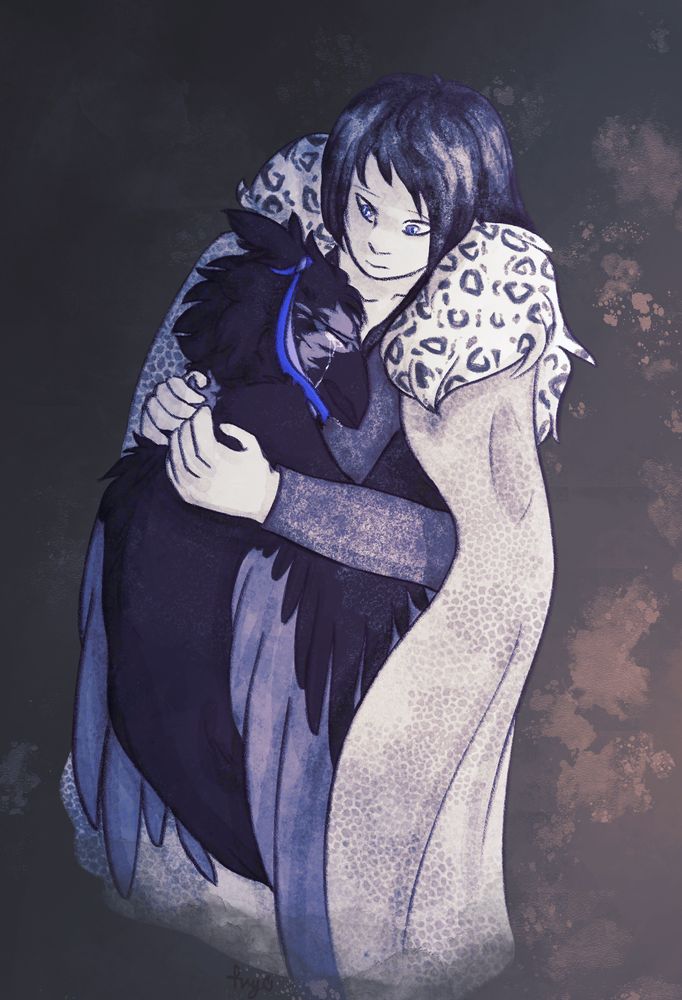 Mobei Jun hugging Bird-monster Shang Qinghua close. Shang Qinghua cries with his head pressed to Mobei Jun's chest.