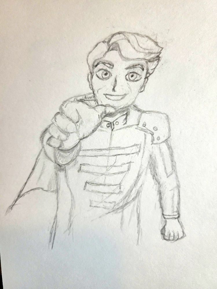 Picture of pencil drawing of Troy Lougford from JRWI Wonderlust with his arm outstretched, his hand reaching to grasp the camera. He is wearing his steamsled uniform. 