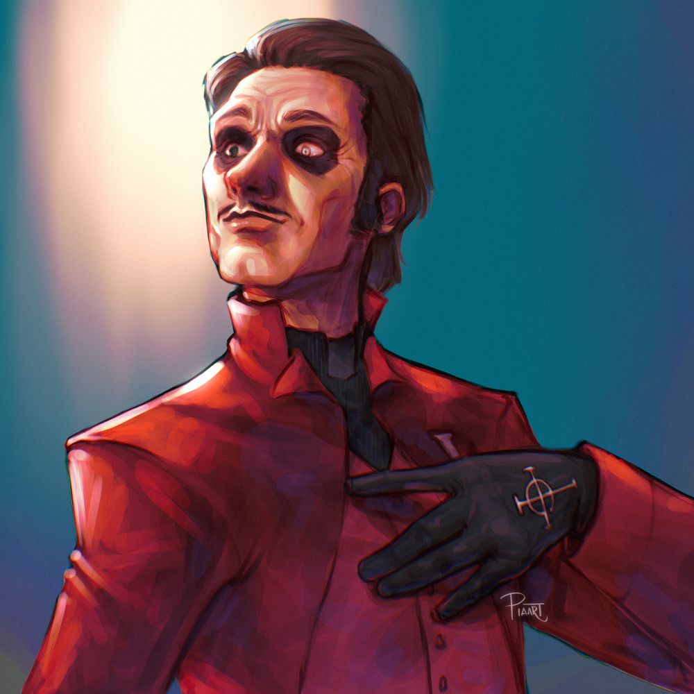 An illustration of Cardinal Copia smiling softly with a hand over his chest. He looks proud.