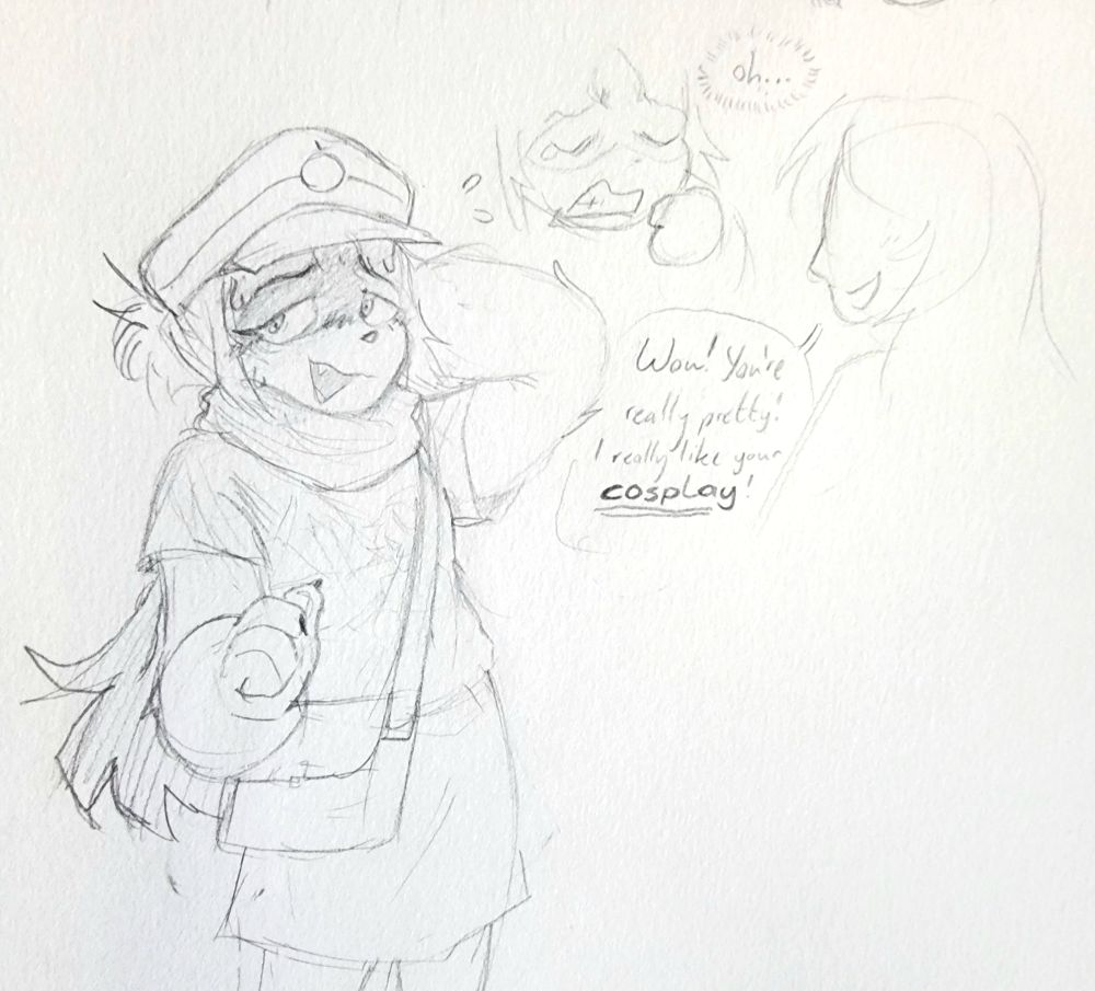 Willow, a Meowscarada disguising as a human, looking flustered while rubbing the back of her neck. A random woman is talking to her, "Wow! You're really pretty! I really like your COSPLAY!" Internally, Willow is making a frustrated face and thinking, "Oh..."