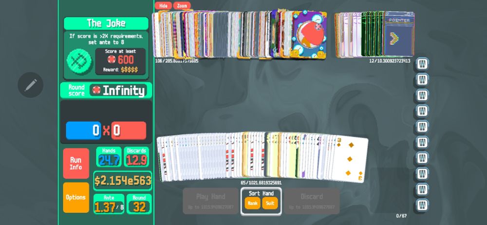 A game of Balatro: Cryptid mod. The score is Infinity