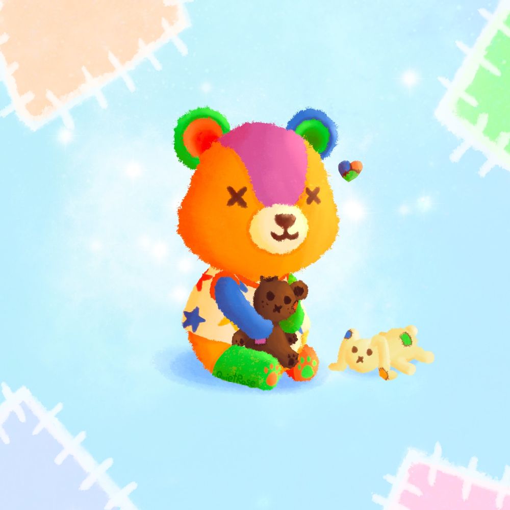 Stitches from animal crossing hugging their own stitched up brown bear, next to them is a stitched up white bunny plush. The blue background also has orange, green, pink, and dark blue patches on it