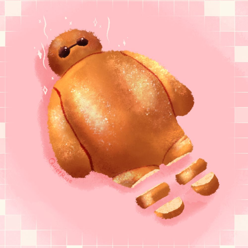 A digital drawing of Baymax shaped sourdough, his legs are both cut into a few slices. His eyes are chocolate chips and he's piping hot. The background is pink with white squares in the corners.