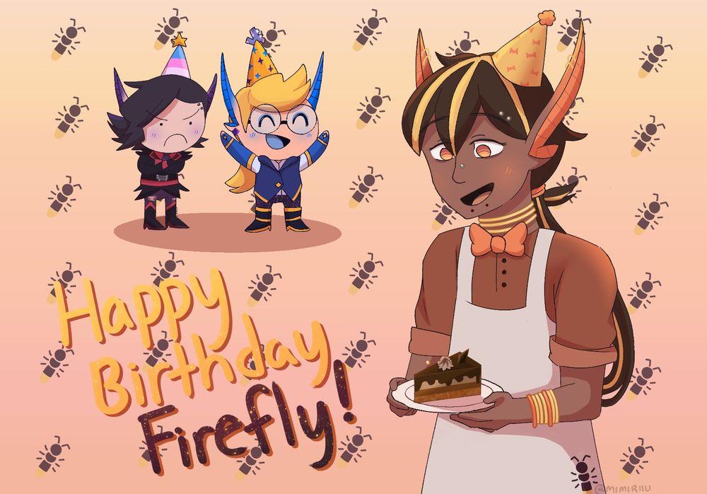 A drawing of a fairy holding a piece of chocolate cake in celebration of their birthday. They are of Indian descent with caramel-colored skin and black hair with yellow streaks. Their bangs are parted, being tucked behind their long, pointed ears, and one tuft of hair in the middle of their head. They have a long ponytail in the back that is tied into a loop. Their eyes are orange and they are looking down at the cake, smiling and blushing slight orange. They have a silver eyebrow piercing, nose piercing, and black snake bites. 

They're wearing a dark orange shirt with the sleeves tucked up and a white apron with a firefly design on the bottom left. They have an orange bowtie. They are wearing a yellow party hat with orange firefly designs on it and an orange pompom at the top. They are adorned with jewelry, gold neck rings and gold and orange bangles. 

To the left of them in the background is their friend and his boyfriend. 

Their friend is cheering with his arms up. He has golden blonde hair with his bangs swooped up and a long ponytail in the back. He has long pointed blue ears and is wearing glasses and blue eyeshadow. 

He is wearing a blue waistcoat with a white shirt underneath, blue long fingerless gloves that go up to his mid upper arm with yellow wrists and a star design on the hands. He has galaxy leggings and knee high back boots with yellow accents and heels.  He is wearing a yellow party hat with blue and purple stars. 

His boyfriend has his arms crossed and looks grumpy. He has black hair with his bangs swooped over the right side of his head, and it is spiked up in the back. He has long pointed purple ears. He has black dots for eyes. 

He's wearing a black jacket with spiked shoulders, dark red lapels, red cuffs, and a purple ascot. He has a red belt with a silver eye buckle. He has tattered purple jeans and black knee high boots. He's wearing a party hat with trans colors. 

The background is an orange gradient with a firefly pattern. 