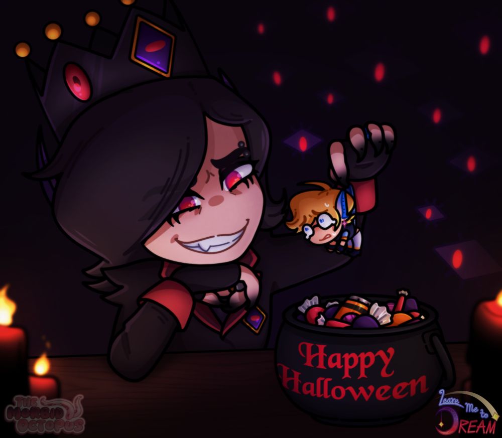 A dark and eerie illustration of a goth fairy boy picking a tiny version of his ex-boyfriend out of a bowl of candy.

The goth fairy boy has black hair with his bangs parted to the right, partially covering his red eyes. He has pale skin and long, pointed ears that curve up like devil horns and turn purple at the tips. He has a sinister, possessive grin on his face as he holds the mini version of his ex-boyfriend in by his shirt with his thumb and index finger. His fingers have black claws at the tips. 

He is wearing a black crown with red, eye-like jewels around it, golden gems on the points, and a purple diamond-shaped eye gem in front, with a gold border and red pupil. He also has on a black jacket with pointed shoulders, red cuffs, dark red lapels with red edges, a purple ascot, black fingerless gloves, and a matching eye-like pattern to gem on his crown on his left breast. He has gold and silver rings and a silver eyebrow piercing on his left eyebrow. 

His boyfriend is a fairy boy with medium blonde hair styled with his bangs to curl in the front. He is wearing glasses and has blue eyes and long pointed ears that turn blue at the tips. His skin is fair. He has on a dark blue waistcoat, light blue long sleeve undershirt with gold cuffs, black fingerless gloves, white skinny jeans, and black boots. He also has a pink star earring. He is looking over at the giant version of his ex-boyfriend, terrified and crying and he hangs helplessly.

The goth boy is resting his chin on his right hand as his right arm is propped on the dark brown table, and his left hand is holding up his ex. There is a black bowl full of candy with the words "Happy Halloween" on it in red. There are black candles with glowing yellow flames in the close foreground, and the background is pitch black, aside from some eerie eyes with purple sclera and red pupils staring at the tiny, helpless fairy boy. 

In the bottom right corner is the logo for the indie animated show, Leave Me to Dream. 