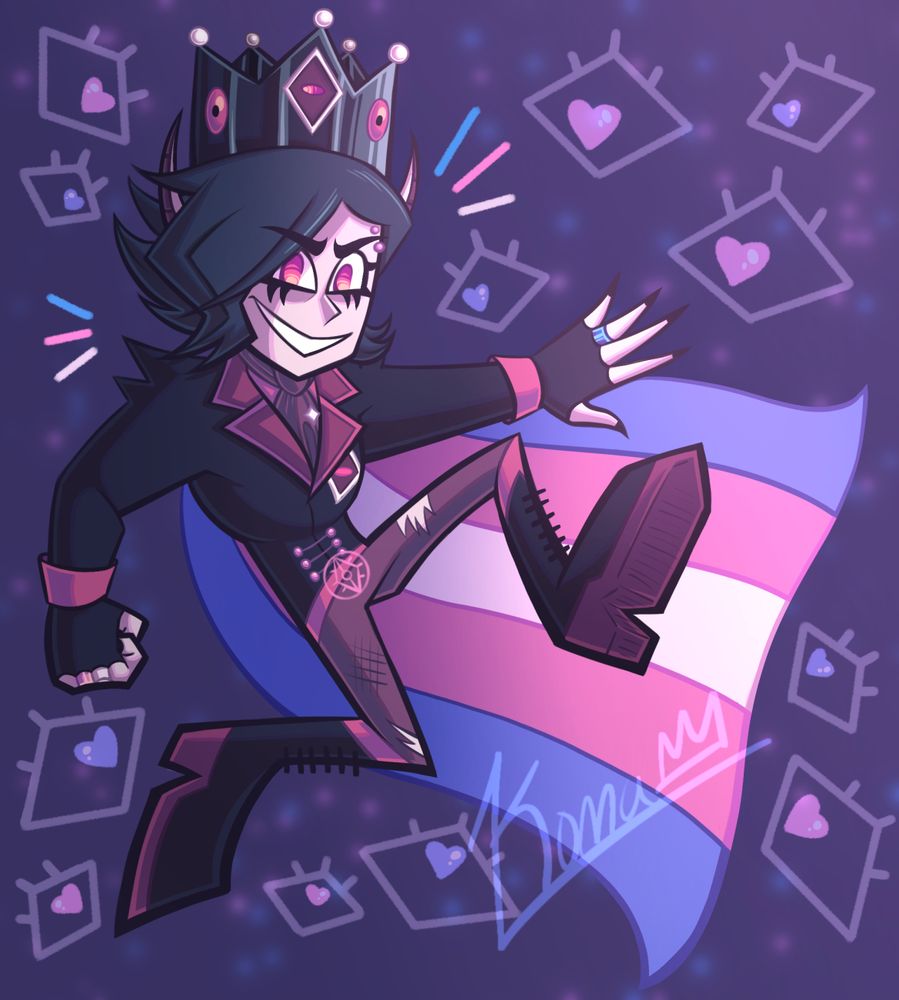 A piece of a trans man in a dynamic pose to celebrate Trans Day of Visibility. He's dressed in a punk-like king outfit with a black crown with eye-like jewels, a purple ascot with a white star pin on it, black fingerless gloves, pinkish-red cuffs, purple pants that have been torn and scuffed, big black goth boots with pinkish-red accents, and a belt buckle with an eye pattern on it. He's wearing various jewelry, like an eyebrow piercing and some rings. He has long, pointed ears with a purple gradient and bright pinkish-red eyes. He looks smug and proud. He is also wearing a flowing trans pride cape. 

He's surrounded by stylized eyes with a white outline and either pink or blue heart pupils all looking at him. The background is a royal purple with faint pink and blue glowing stars in the background. 