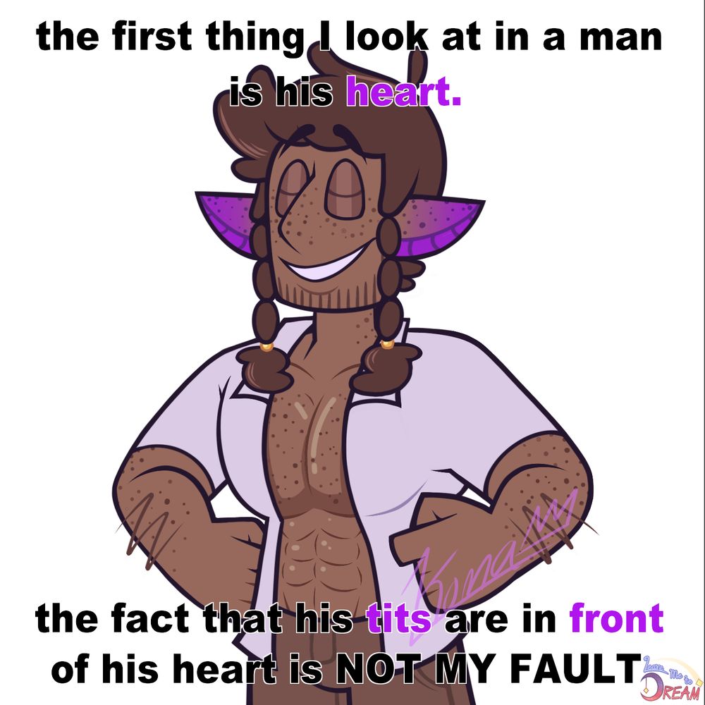 An meme featuring Travis from the indie animated show Leave Me to Dream. 

Travis is a buff fairy with caramel skin. He has short brown hair with his bangs pushed up. He has a braid on each side of his face that go down to his collarbones. They are tied with yellow beads. He has pointed ears that jut out to the sides. They have a fuchsia underside and turn fuchsia at the tips. 

He is wearing brown cargo shorts and an unbuttoned white button up shirt with nothing underneath, partially revealing his pecs and 6-pack abs. 

He has a brown stubble beard, crown arm hair on his forearms, and freckles all over his body, primarily on his arms, nose, cheeks, ears, neck, and, of course, pecs. 

The background is white with black text super-imposed over Travis. On top, it reads "the first thing I look at in a man is his heart." At the bottom, it reads "the fact that his tits are in front of his heart is NOT MY FAULT" The words "heart", "tits", and "front" are in fuchsia. 

In the bottom right corner, you can see Leave Me to Dream's logo. 

His hands are on his hips as he stands confidently, his eyes closed and a smile on his face. 