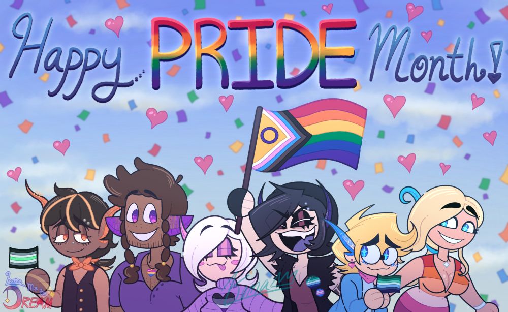 An illustration of the main characters of the indie animated show Leave Me to Dream attending a Pride event. 

On the left is Firefly, a fairy with sepia skin tone, black hair with yellow streaks, orange eyes, and long pointed ears that turn orange at the tips. They are wearing a pale orange undershirt with a purple waistcoat with gold buttons, and an orange bowtie. They are holding an agender pride flag. 

Next to them is Travis, a bulky fairy with a caramel skintone. He has brown hair with his bangs pushed up and tufts of hair tied into braids on each side of his head. His ears are pointed out to the sides, turning purple. His eyes are purple. He is wearing a dark purple button up partially unbuttoned and a pansexual heart pride necklace. 

Next is Mina, a short fairy with peachy skin. She has white hair with bangs covering her right eye. Her hair is curled up in the back. Her ears are pointed up and turn pink. Her eyes are closed and she is wearing pink eyeshadow. Her tongue is sticking out as she smiles. Her outfit is a purple puffy sweater with an asexual heart on the chest. 

Next to her is Damien, a pale, tall goth boy. His ears point up like devil horns. His black bangs cover his right eye and he is wearing a black beanie, black punk vest, black fingerless gloves, and red low-cut v-neck. He has a gay pride pin and a trans pride pin. He is cheering as he holds up a progress pride flag proudly. 

Casimir is next, a shorter fairy with a fair skin tone. He has pointed ears that point back. He has blue eyes and blonde hair swooped up. He is wearing a blue cardigan, light blue shirt, pink scarf, and pink star earring. He is holding a gay pride flag. 

Last is Carissa, a girl with tanner peachy skin, long flowing bangs parted to the right, and a long bleach blonde ponytail. She is wearing a low cut lesbian pride dress, white star necklace, and white bracelet. 

The background is a blue sky with clouds, rainbow confetti, and hearts. The top says "HAPPY PRIDE MONTH!"