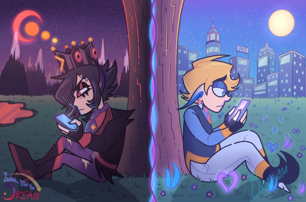 A split illustration of two fairies contemplatively looking at their phones. 

On the left is a nightscape with dark green grass, a deep purple-reddish night sky with 4 moons: a red crescent and three smaller full moons of scarlet, orange, and yellow. The sky is filled with red and yellow stars. Deep black mountains line the background with white snow peaks. The light of the moons shines on them. There is a blood red pond with black sand in the midground, and in the foreground is a goth fairy boy sitting against a tree while looking at his phone. He has pale skin and black hair with his long bangs parted to right, with a long tuft of hair on the left side of his face. His hair is spiked in the back. His eyes are bright red and his eyes are half lidded. He has a black crown adorned with different jewels, including some red eye-like ones, a black jacket with dark red lapels and red cuffs, a red undershirt and belt with a silver eye-like belt buckle, purple ascot and torn skinny jeans, black fingerless gloves and boots with red accents. His phone is purple with a blue glowing screen. 

On the right is a nighttime cityscape with a blue/purple sky adorned with pink and yellow stars. A bright yellow full moon is in the top right. In the background is a plethora of purple, gray, and blue buildings with windows and lights. The grass is a pale bluish green with purple and blue fantasy flowers. Some are glowing. In the foreground is a fairy boy looking down at his phone with a sad look. He has shoulder length blonde hair with his bangs in a swoop. He has peachy skin and long pointed ears that turn blue at the tips. His eyes are blue with cyan stars in the middle and he has on dark blue eyeshadow. He is wearing a dark blue waistcoat with gold edges, a light blue long sleeve undershirt with gold cuffs, a pink tie with a gold star on it, white skinny jeans, and black boots with white heels. His phone is blue with a glowing purple screen.

In the middle is a blue/purple divide. 