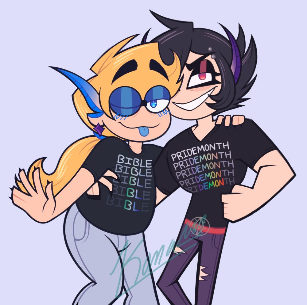 Two absolute gay fucking goobers. 

The goober on the left is a fairy boy with blond hair tied back in a long ponytail. His bangs are swooped up in the front. He has long pointed ears that turn blue at the tips. He is wearing a royal purple star earring. His eyes are blue and he is wearing dark blue eyeshadow. He is winking at the viewer with his light blue tongue sticking out in a flirty manner. He is blushing blue.

He is wearing a black shirt that says "BIBLE" 5 times in white, but the word "BIBLE" gets darker as it goes further down the shirt, and the "BL" in "BIBLE" turns into the colors of the gay male pride flag. He has white skinny jeans on. He is plus-size. His right arm is stuck out with his wrist turned up, while his left arm is around his boyfriend's shoulder. He has small black claws. 

The fairy on the right is a goth boy with black hair. His bangs are long and cover the right side of his face, and his hair is short and spiked up in the back. He has a tuft of hair on the left side of his face. His ears and long and pointed up to look like devil horns. They turn purple at the tips. He is wearing thick black eyeliner and his eyes are bright red. He has a silver eyebrow piercing on the left. His eyes are half lidded with smug grin on his face. 

He has a black shirt on that reads "PRIDEMONTH" 5 times in white. However, "PRIDEMONTH" becomes darker as is goes down the shirt, but the "DEMON" in "PRIDEMONTH" turns rainbow. He has a red belt with a silver eye-like belt buckle and dark purple tattered skinny jeans. His left hand is on his hip in the shape of a fist and his right arm is wrapped around his boyfriend's waist. 

The background is a baby blue color. 
