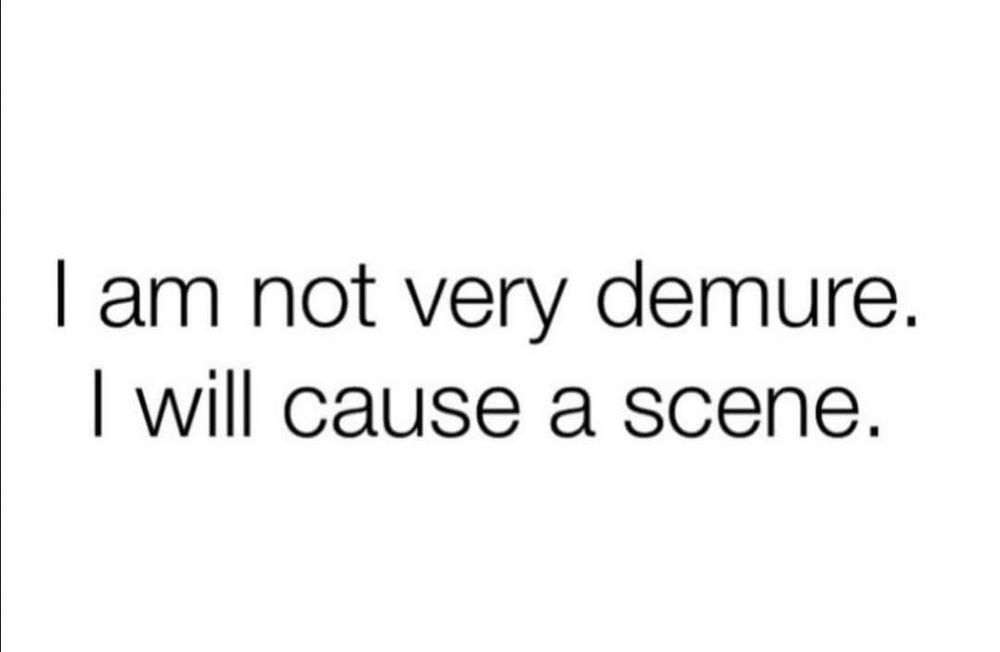 Photo stating that I am not very demure. I will cause a scene.